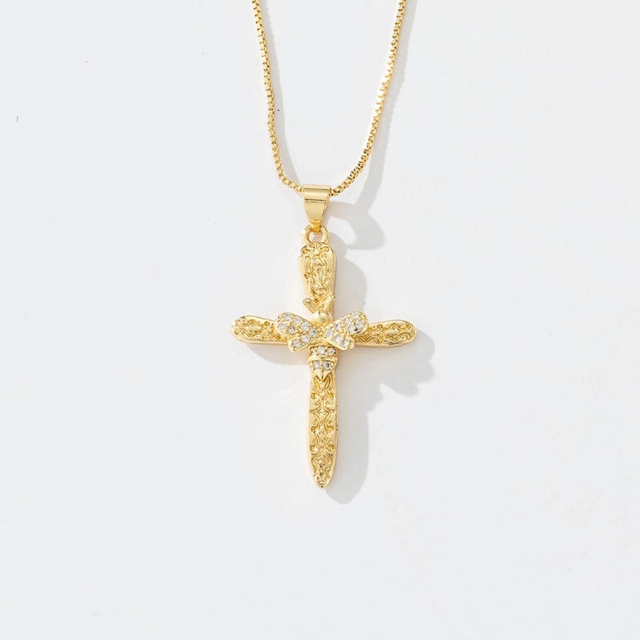 Copper box chain 18K Gold Plated Inlay Carving Cross Butterfly Zircon Pendant Necklace