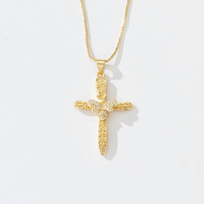 Copper box chain 18K Gold Plated Inlay Carving Cross Butterfly Zircon Pendant Necklace