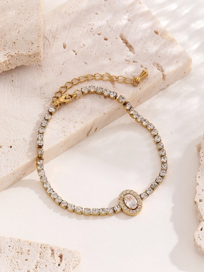 Elegant Lady Streetwear Oval Heart Shape Titanium Steel 18K Gold Plated Artificial Crystal Bracelets In Bulk