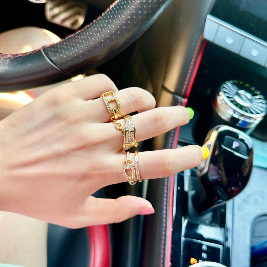 Copper 18K Gold Plated Inlay Geometric Zircon Copper Rings