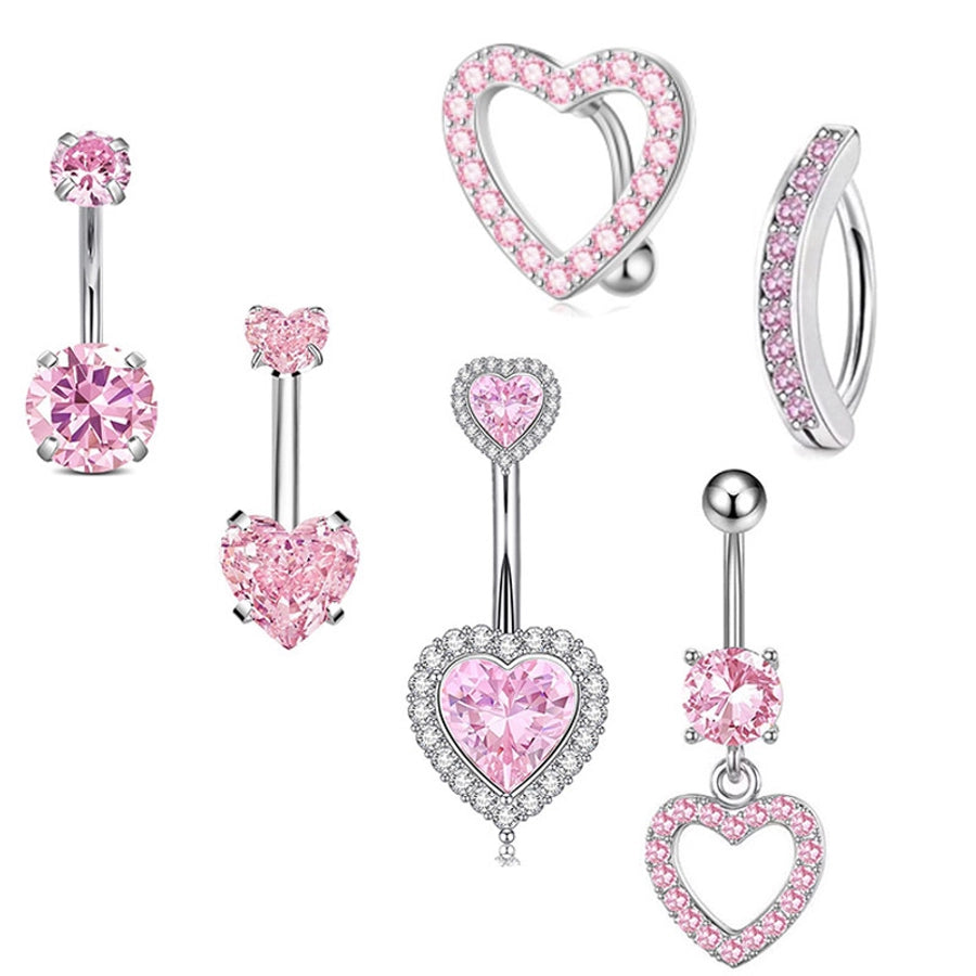 1 Piece 1 Set Belly Rings Hip-Hop Shiny Heart Shape 316L Stainless Steel  Copper Hollow Out Inlay Zircon Belly Rings