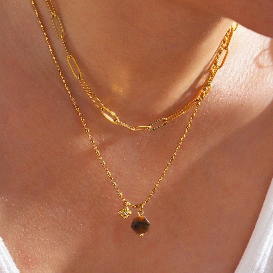 Jewelry Vintage Style Geometric 304 Stainless Steel Rhinestones Tiger Eye 18K Gold Plated Inlay Pendant Necklace