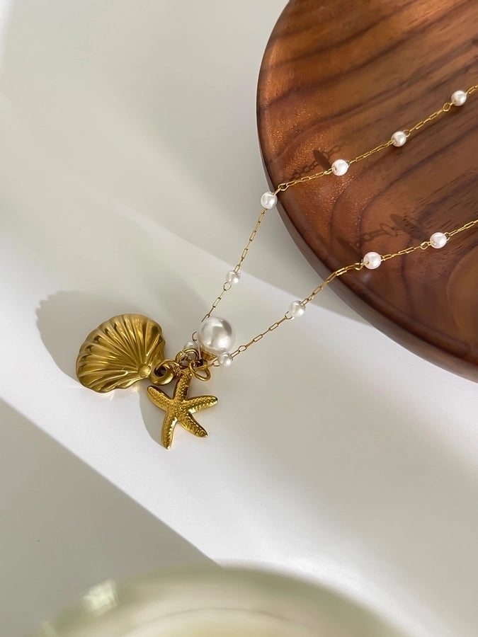 Jewelry Retro Marine Style Beach Starfish Shell 316L Stainless Steel  18K Gold Plated Pendant Necklace