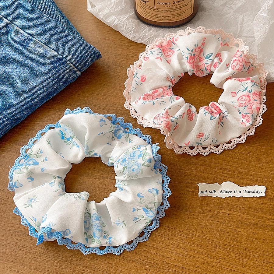 Women's Japanese Style Sweet Pastoral Flower Cloth Rib-Knit Lace Hair Tie