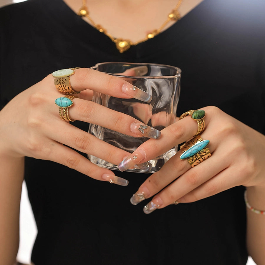 Jewelry Hip-Hop Streetwear Oval 304 Stainless Steel Natural Stone 14K Gold Plated Plating Inlay Open Rings