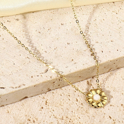 Jewelry Retro French Style Daisy Titanium Steel Natural Stone 14K Gold Plated Plating Inlay Pendant Necklace