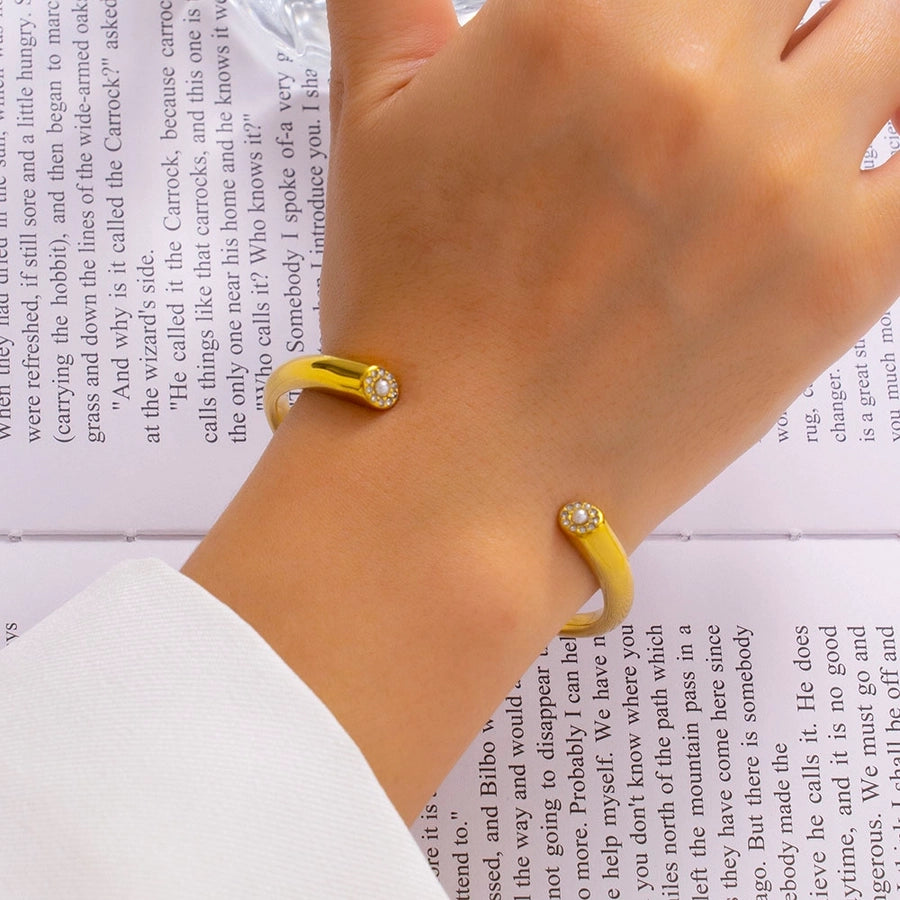 Romantic Simple Style C Shape 304 Stainless Steel Artificial Pearls Zircon Bangle In Bulk