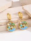 1 Pair Hawaiian IG Style Tree Ocean Painted Hollow Out Inlay Titanium Steel Artificial Pearls Turquoise 18K Gold Plated Drop Earrings