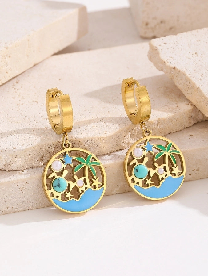 1 Pair Hawaiian IG Style Tree Ocean Painted Hollow Out Inlay Titanium Steel Artificial Pearls Turquoise 18K Gold Plated Drop Earrings