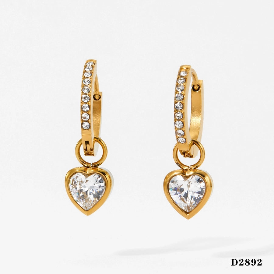 1 Pair Modern Style Heart Shape Plating 304 Stainless Steel Zircon 16K Gold Plated White Gold Plated Drop Earrings