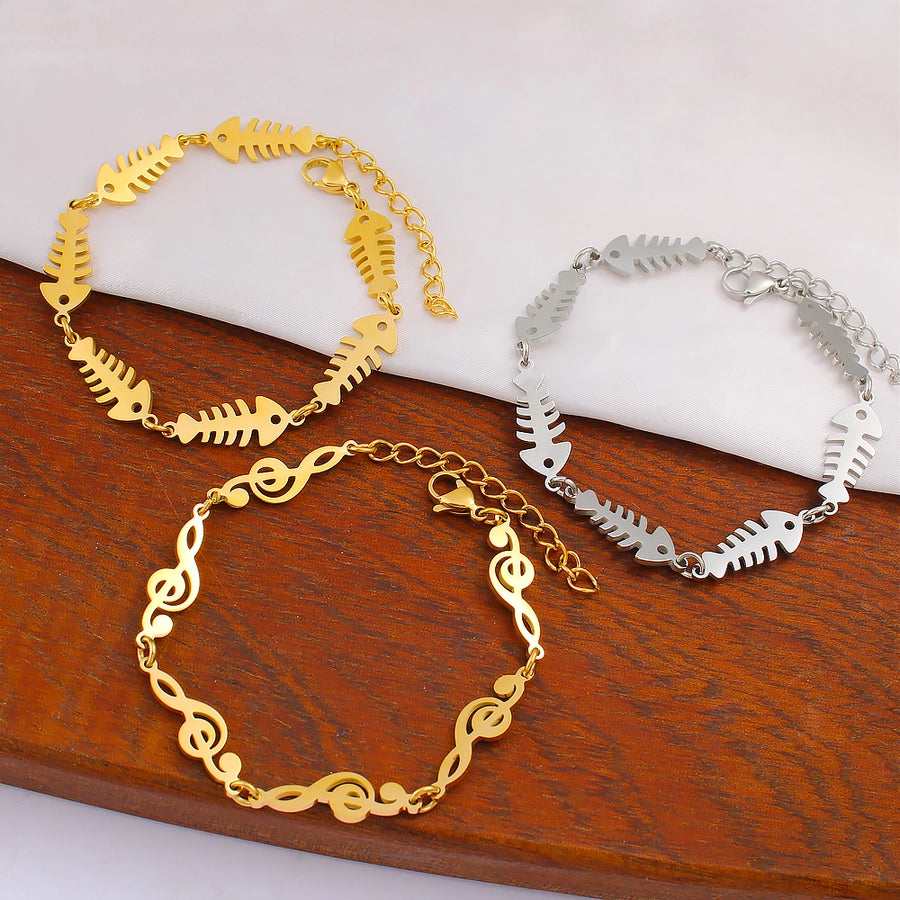 Jewelry IG Style Music Symbol Fish Bone 304 Stainless Steel 18K Gold Plated Bracelets Necklace