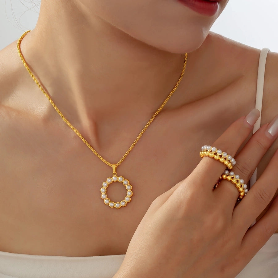 Jewelry Elegant Round 304 Stainless Steel Artificial Pearls 18K Gold Plated Plating Inlay Rings Necklace