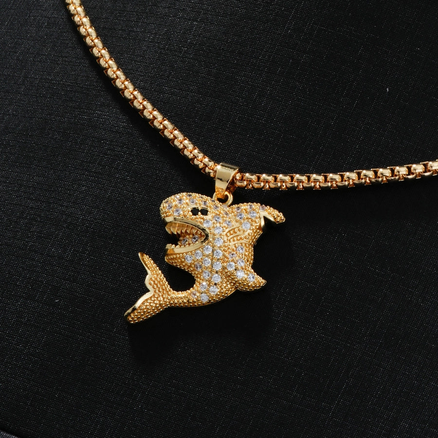 Hip-Hop Rock Shiny Shark 304 Stainless Steel Copper Inlay Zircon K Gold Plated Unisex Pendant Necklace