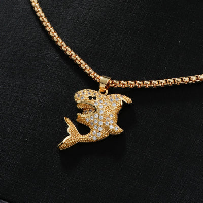 Hip-Hop Rock Shiny Shark 304 Stainless Steel Copper Inlay Zircon K Gold Plated Unisex Pendant Necklace