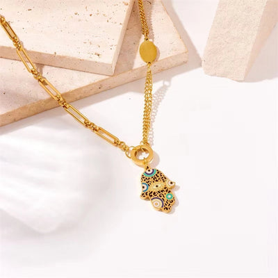 Titanium Steel Palm Eye Drop Oil 18K Gold Plated Bohemian Style Personality Fashion Vintage Necklace Bracelet Earring Set