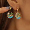 1 Pair Hawaiian IG Style Tree Ocean Painted Hollow Out Inlay Titanium Steel Artificial Pearls Turquoise 18K Gold Plated Drop Earrings