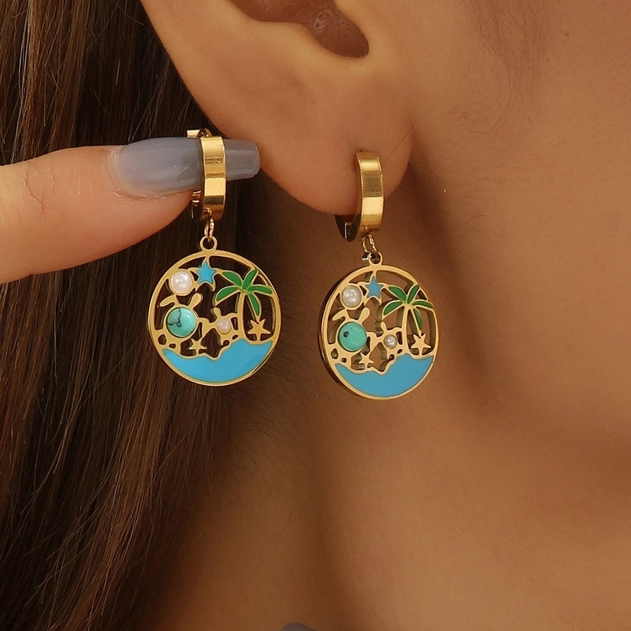 1 Pair Hawaiian IG Style Tree Ocean Painted Hollow Out Inlay Titanium Steel Artificial Pearls Turquoise 18K Gold Plated Drop Earrings