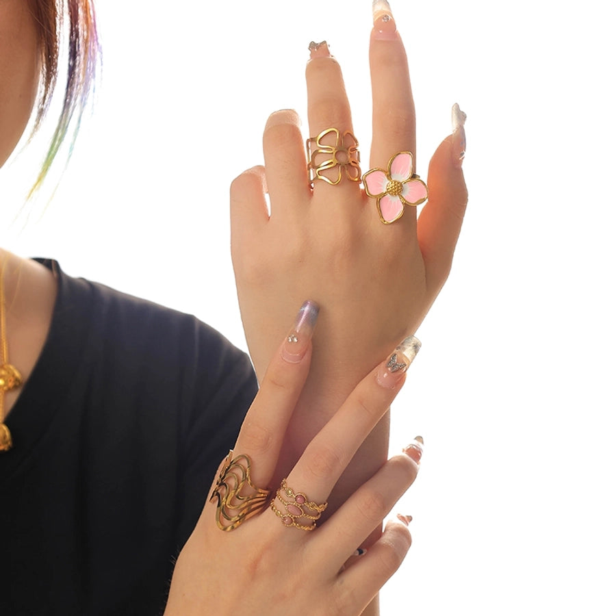 Jewelry Sweet Simple Style Korean Style Waves Flower 304 Stainless Steel Natural Stone 14K Gold Plated Enamel Inlay Open Rings