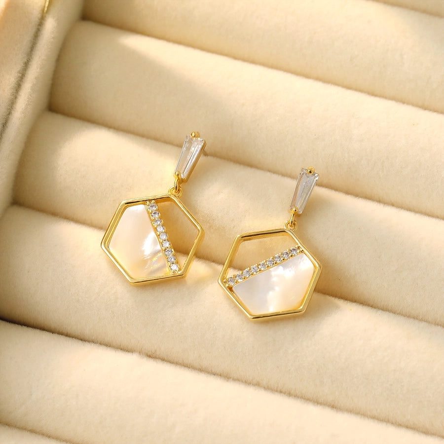 1 Pair Elegant Simple Style Commute Hexagon Inlay Copper White shell Zircon 14K Gold Plated Drop Earrings