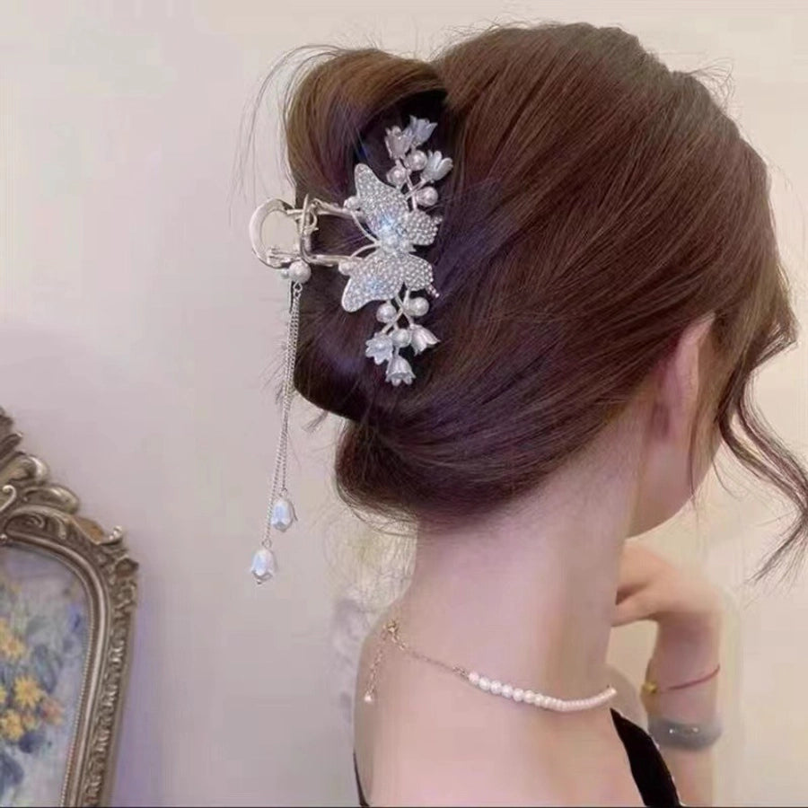elegant fashion tassel butterfly alloy butterfly artificial gemstones artificial pearls hair clip