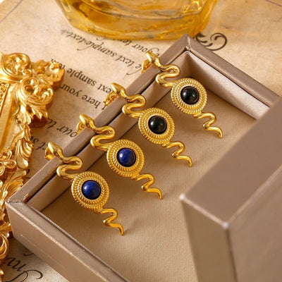 1 Pair Retro British Style Round Snake Plating Inlay 304 Stainless Steel Natural Stone Agate 18K Gold Plated Ear Studs
