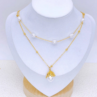 Jewelry Elegant Retro Geometric Titanium Steel Pearl Plating Inlay Earrings Necklace