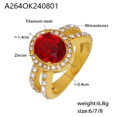 Jewelry Vintage Style Geometric Oval Titanium Steel Zircon 18K Gold Plated Inlay Rings