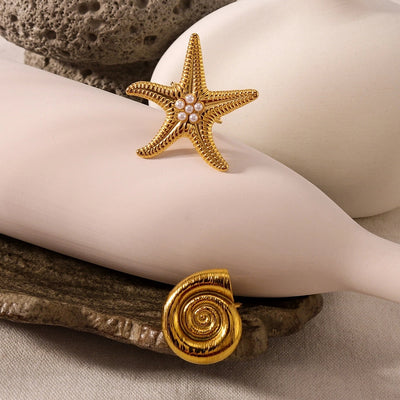 Jewelry IG Style Simple Style Commute Starfish Conch 304 Stainless Steel Artificial Pearls 18K Gold Plated Inlay Open Rings