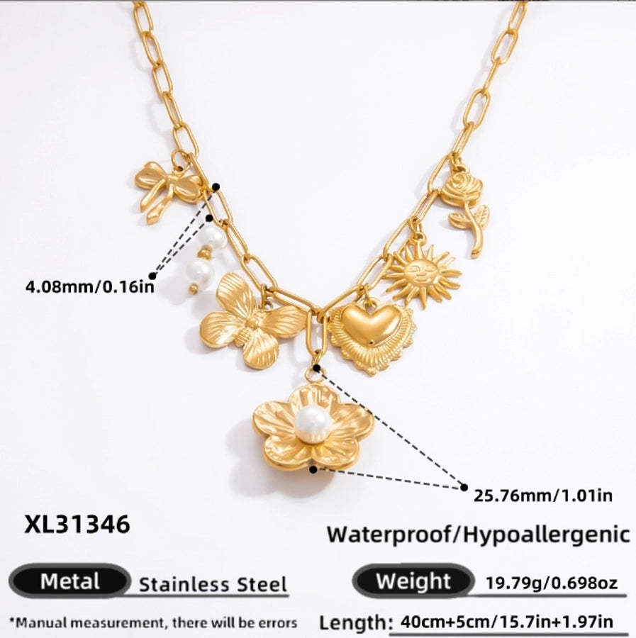 Jewelry Elegant Classic Style Heart Shape Flower 304 Stainless Steel Plating Multi Charms Necklace