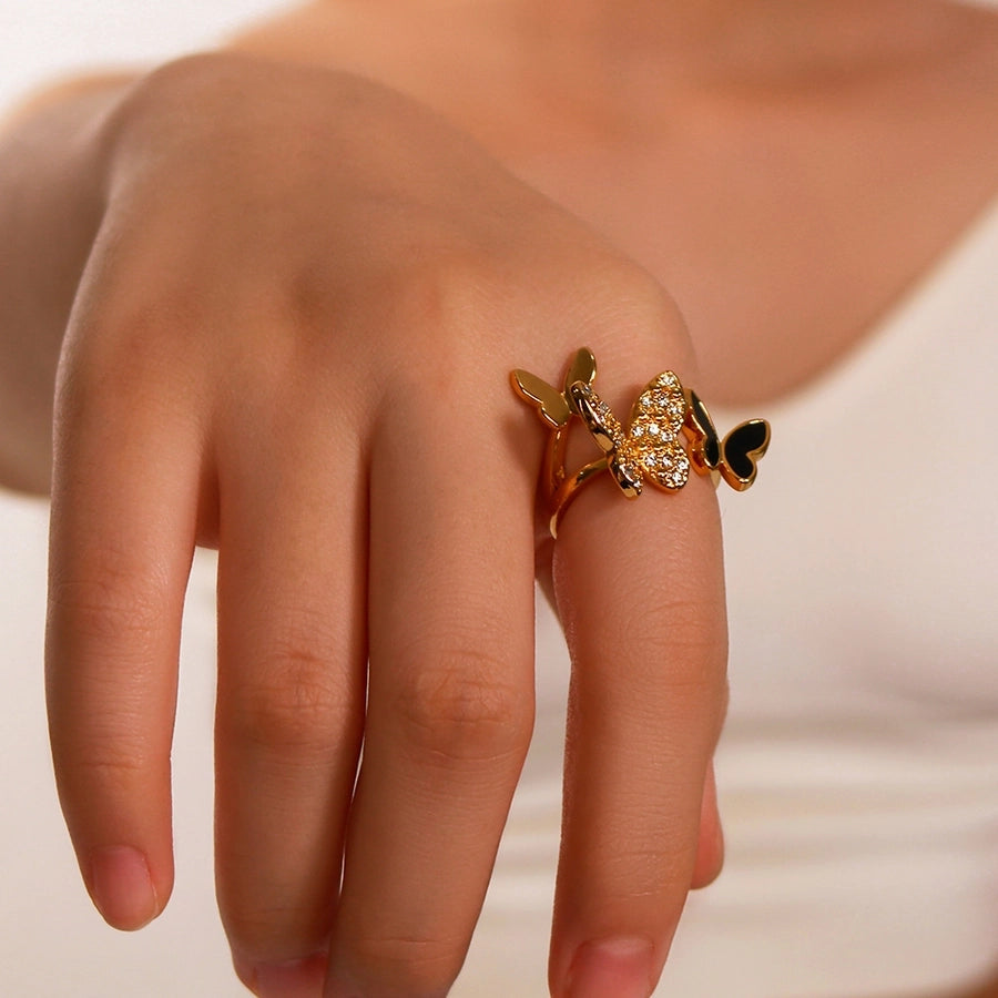 Jewelry IG Style Simple Style Butterfly 304 Stainless Steel Zircon 18K Gold Plated Inlay Open Rings
