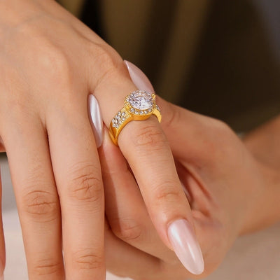 Jewelry Vintage Style Geometric Oval Titanium Steel Zircon 18K Gold Plated Inlay Rings