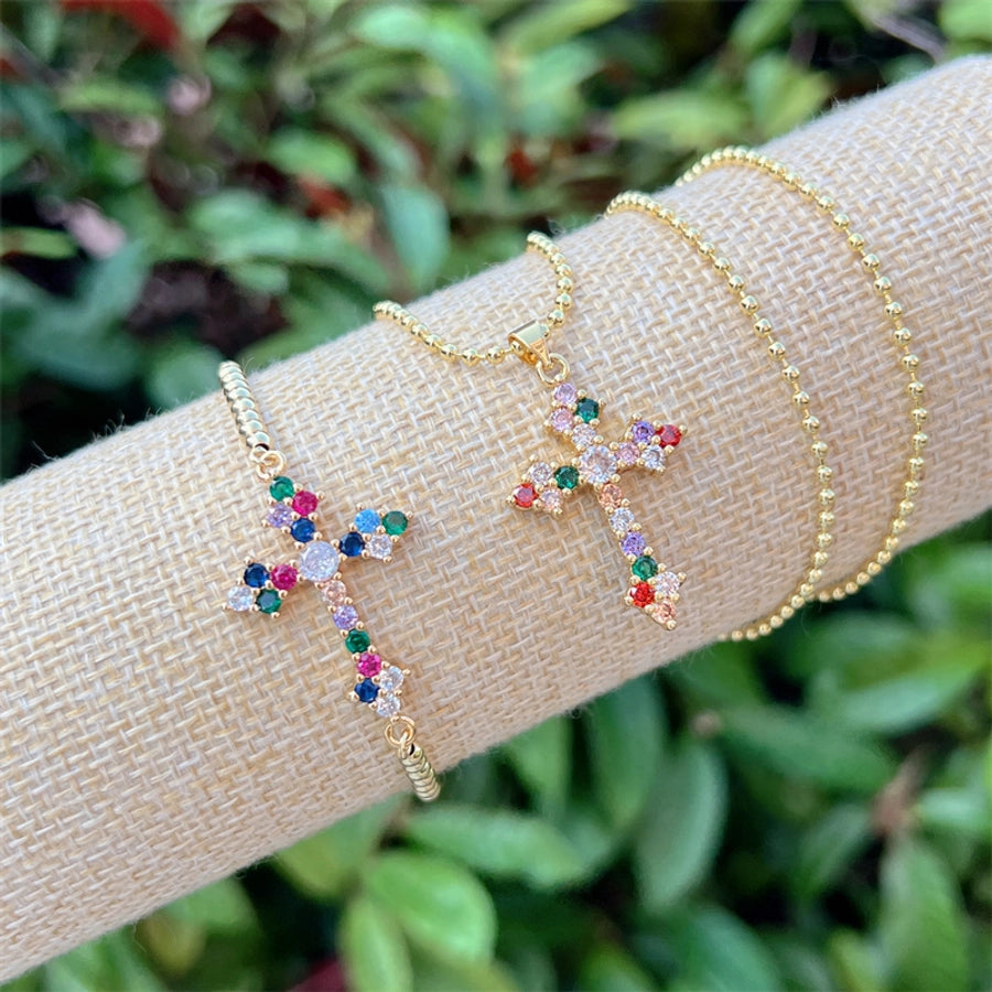Jewelry Simple Style Classic Style Cross Virgin Mary Copper Zircon 18K Gold Plated Bracelets Necklace Jewelry Set