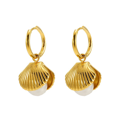 Jewelry IG Style Shell 304 Stainless Steel Artificial Pearls 18K Gold Plated Inlay Rings Earrings Necklace