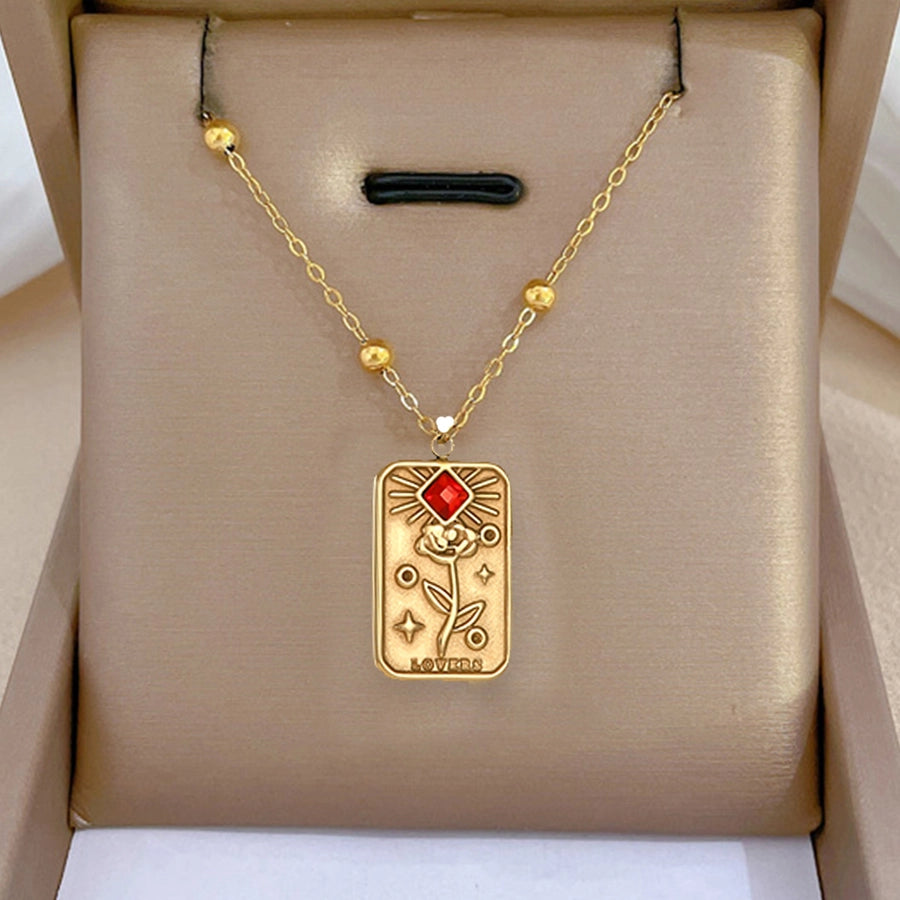 Jewelry Punk Roman Style Letter Rose Rectangle 304 Stainless Steel Zircon 18K Gold Plated Plating Inlay Pendant Necklace
