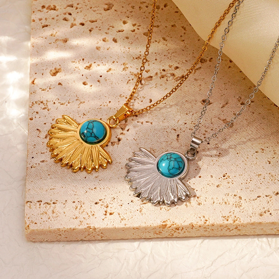 Jewelry Vintage Style Simple Style Sector Heart Shape Titanium Steel Turquoise 18K Gold Plated Inlay Pendant Necklace