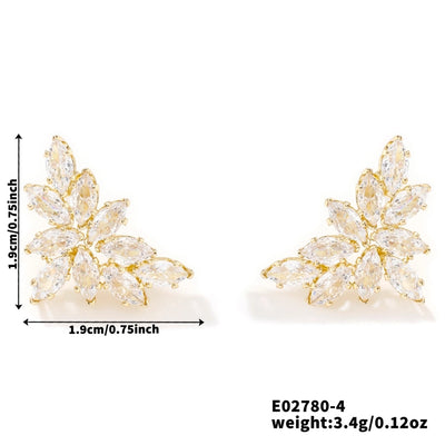 1 Pair Elegant Artistic Streetwear Leaf Asymmetrical Copper Glass Zircon K Gold Plated Rhodium Plated Ear Studs