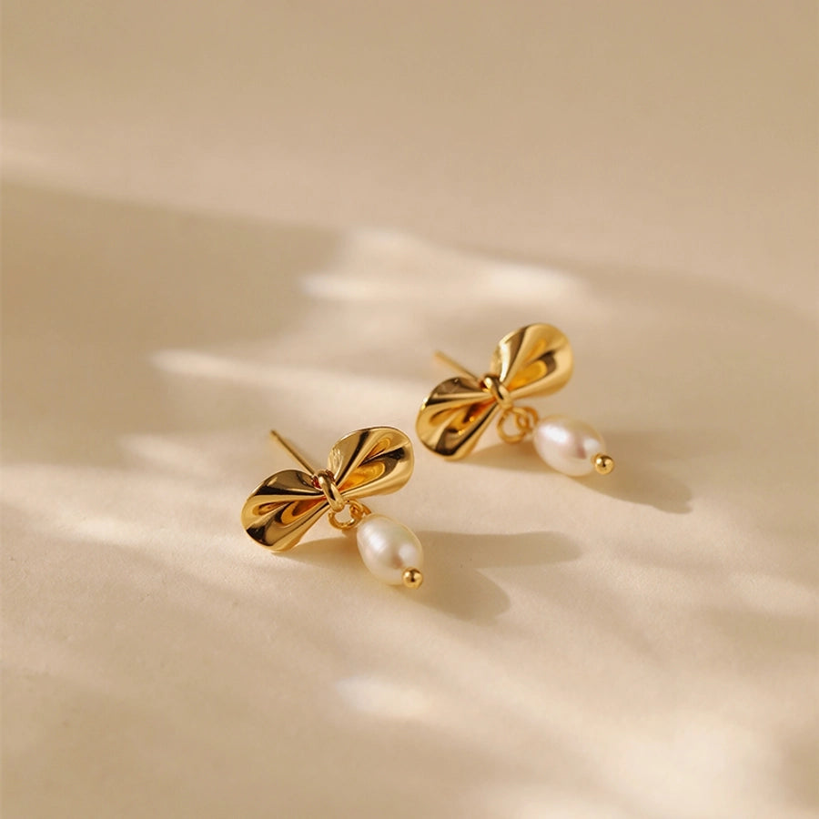 1 Piece Vintage Style Lady Wedding Pearl Inlay Copper Artificial Pearls 18K Gold Plated Drop Earrings