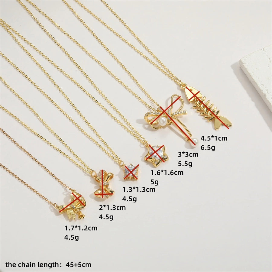 ABS Copper 14K Gold Plated Inlay Star Bow Knot Fish Bone Zircon Pendant Necklace