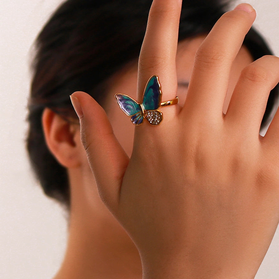 Jewelry IG Style Simple Style Butterfly 304 Stainless Steel Zircon 18K Gold Plated Enamel Inlay Rings