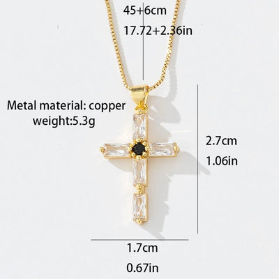 Copper box chain 18K Gold Plated Inlay Carving Cross Zircon Pendant Necklace