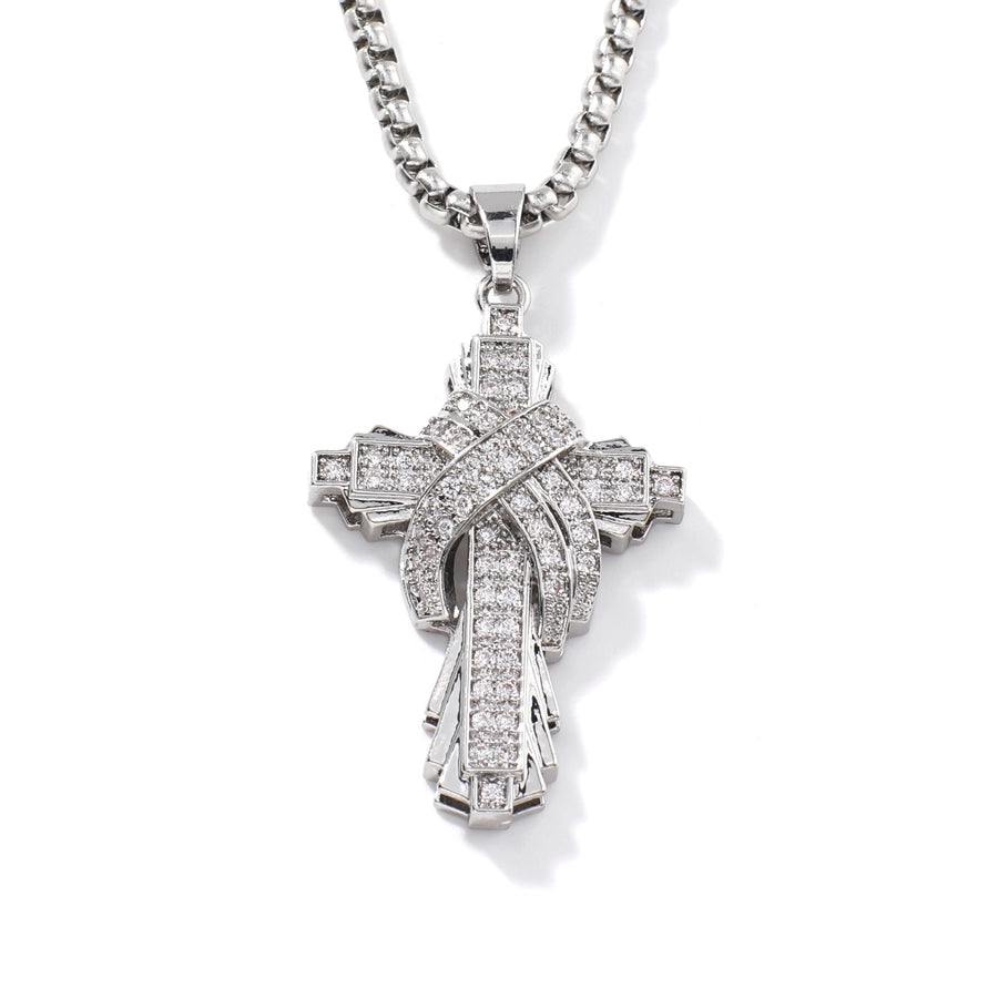 304 Stainless Steel Copper Inlay Cross Zircon Pendant Necklace