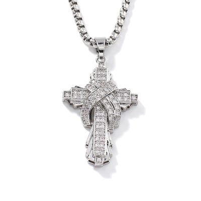 304 Stainless Steel Copper Inlay Cross Zircon Pendant Necklace