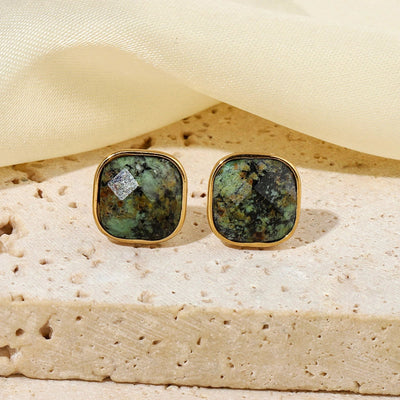 One Pack and Two Pairs Retro French Style Geometric Plating Titanium Steel Natural Stone 14K Gold Plated Ear Studs