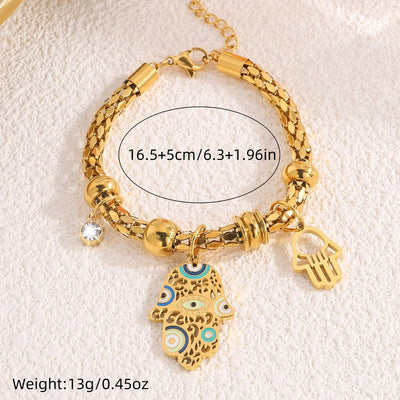 Titanium Steel Palm Eye Drop Oil 18K Gold Plated Bohemian Style Personality Fashion Vintage Necklace Bracelet Earring Set