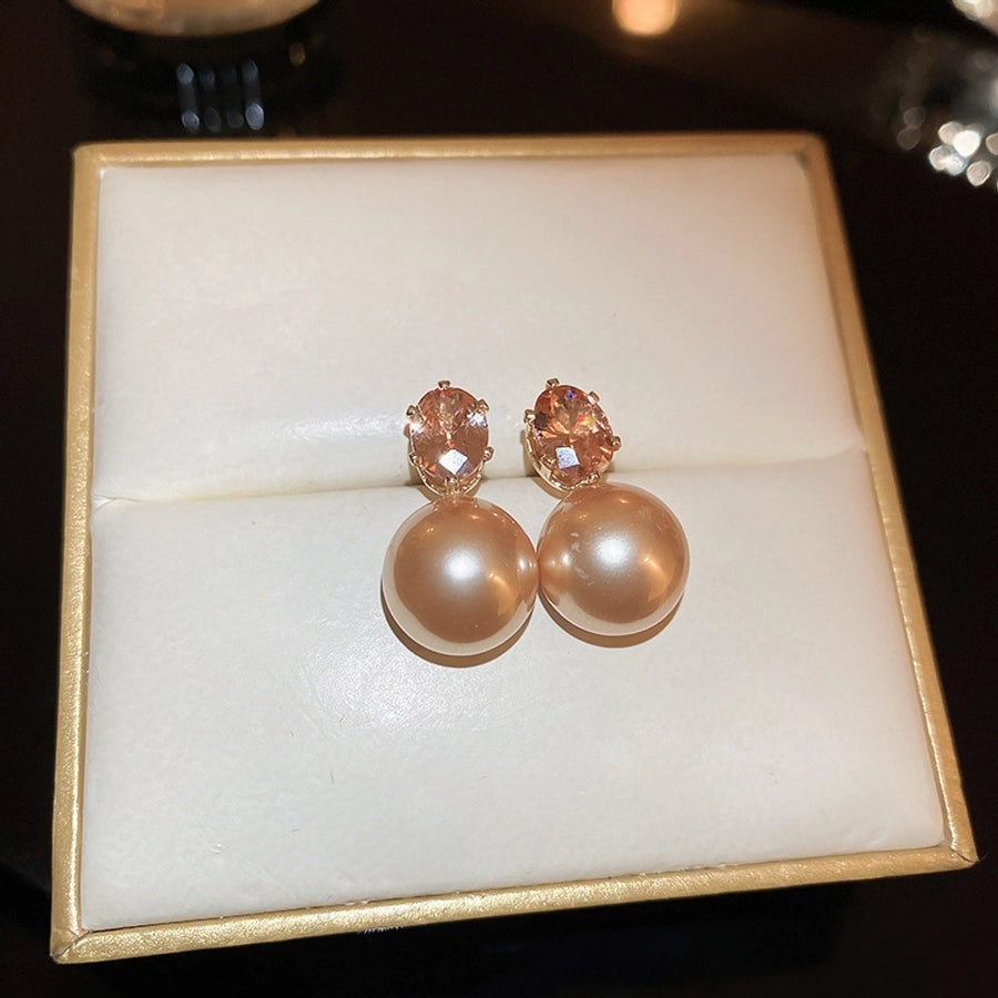 1 Pair Casual Simple Style Streetwear Geometric Inlay Copper Imitation Pearl Zircon Drop Earrings