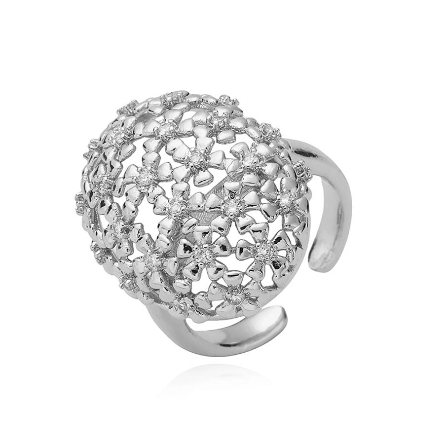 Jewelry Casual Elegant Flower Copper Zircon 18K Gold Plated Plating Hollow Out Inlay Open Rings