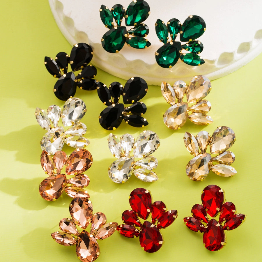 1 Pair Glam Classic Style Shiny Floral Inlay Alloy Rhinestones Glass 14K Gold Plated Ear Studs