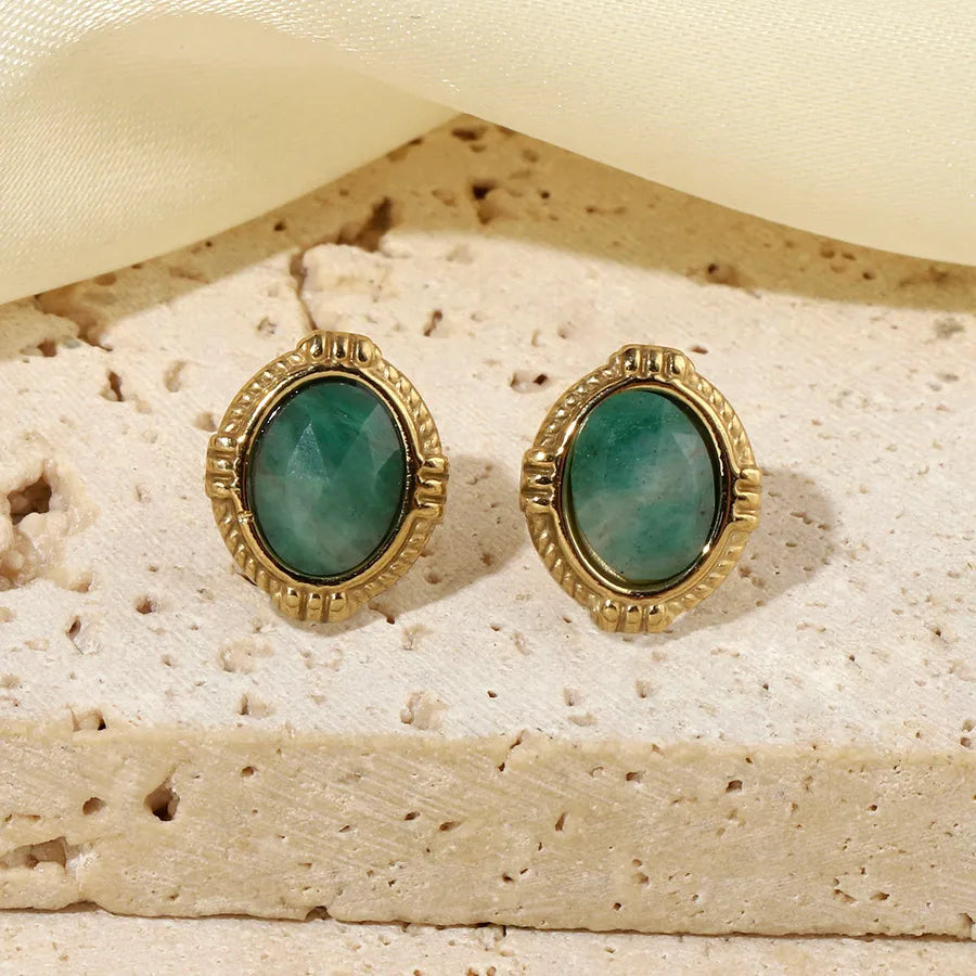 One Pack and Two Pairs Retro French Style Geometric Plating Titanium Steel Natural Stone 14K Gold Plated Ear Studs