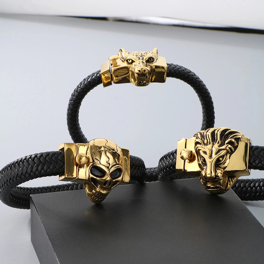 Business Lion's head Wolf Head Skull 304 Stainless Steel Leather 18K Gold Plated Men's Bracelets