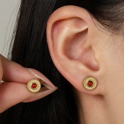 One Pack and Two Pairs Retro French Style Geometric Plating Titanium Steel Natural Stone 14K Gold Plated Ear Studs